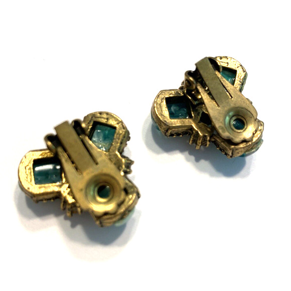 Vintage Mid Century Clip On Earrings Dressy Gold Green Purple Faux Pearl Beads - Picture 3 of 8